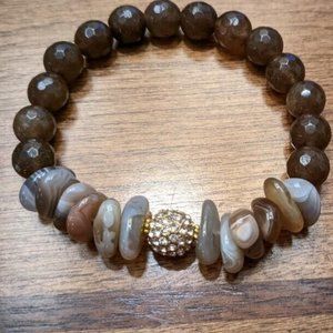 New Gorgeous 10mm Botswana Agate Stretch Bracelet Natural Gemstone Pave Ball!